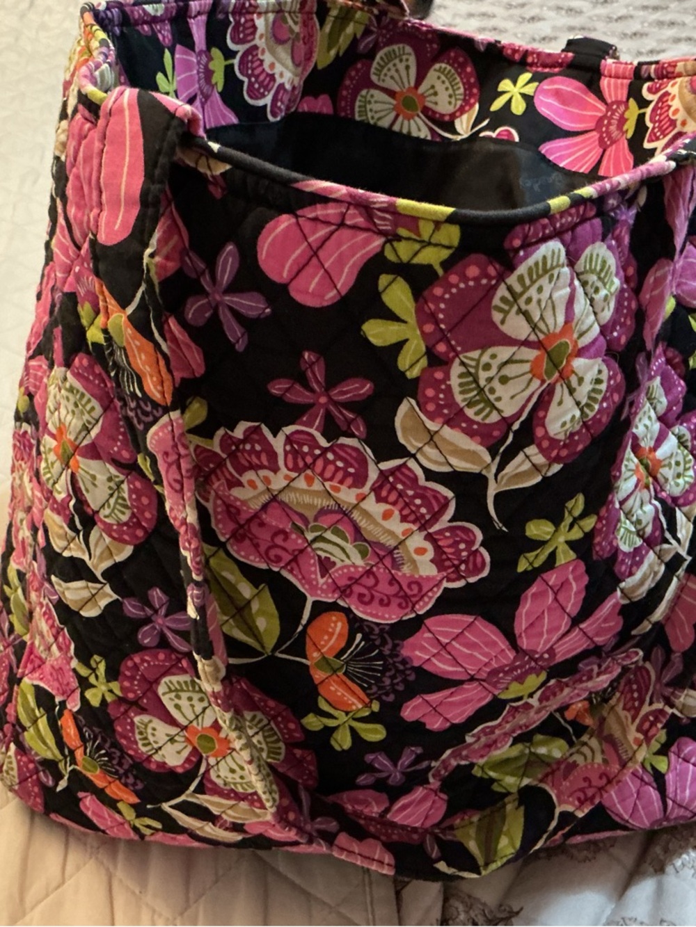 Vera Bradley Quilted Floral Tote in Black, Pink, Green